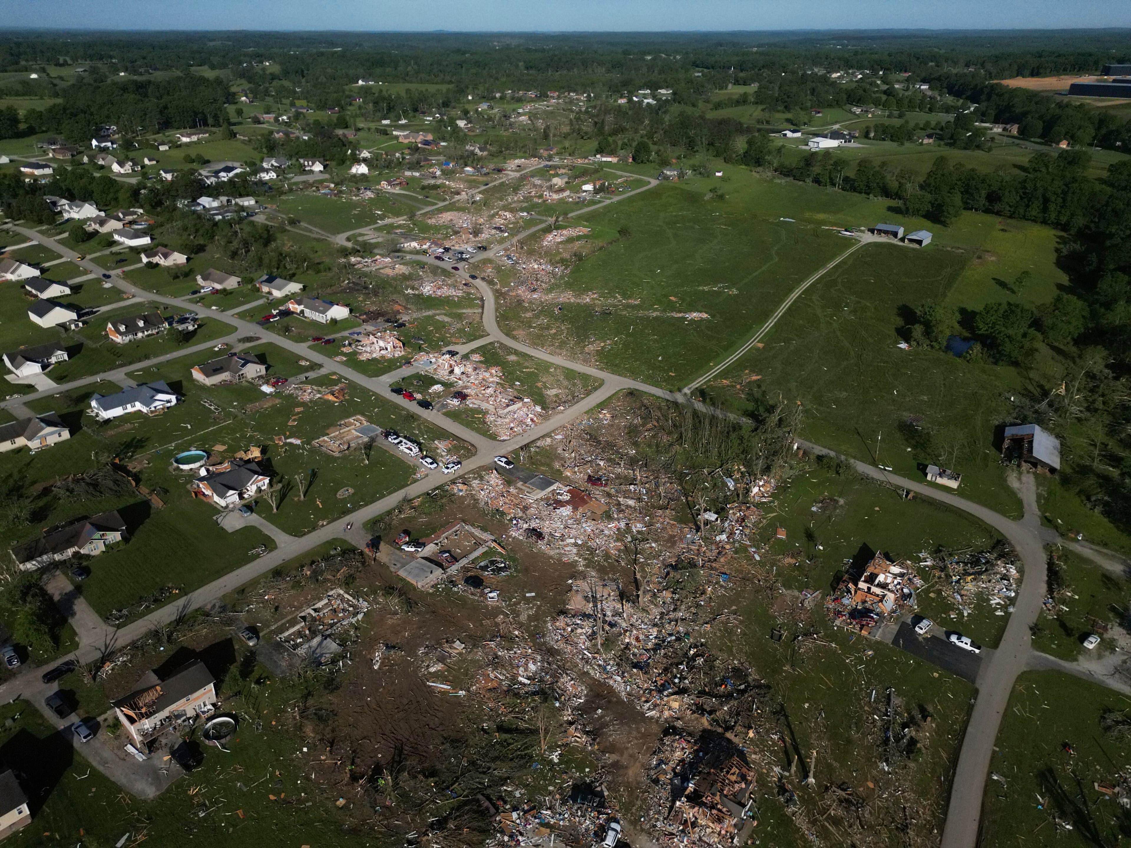Aerial view of tornado damage